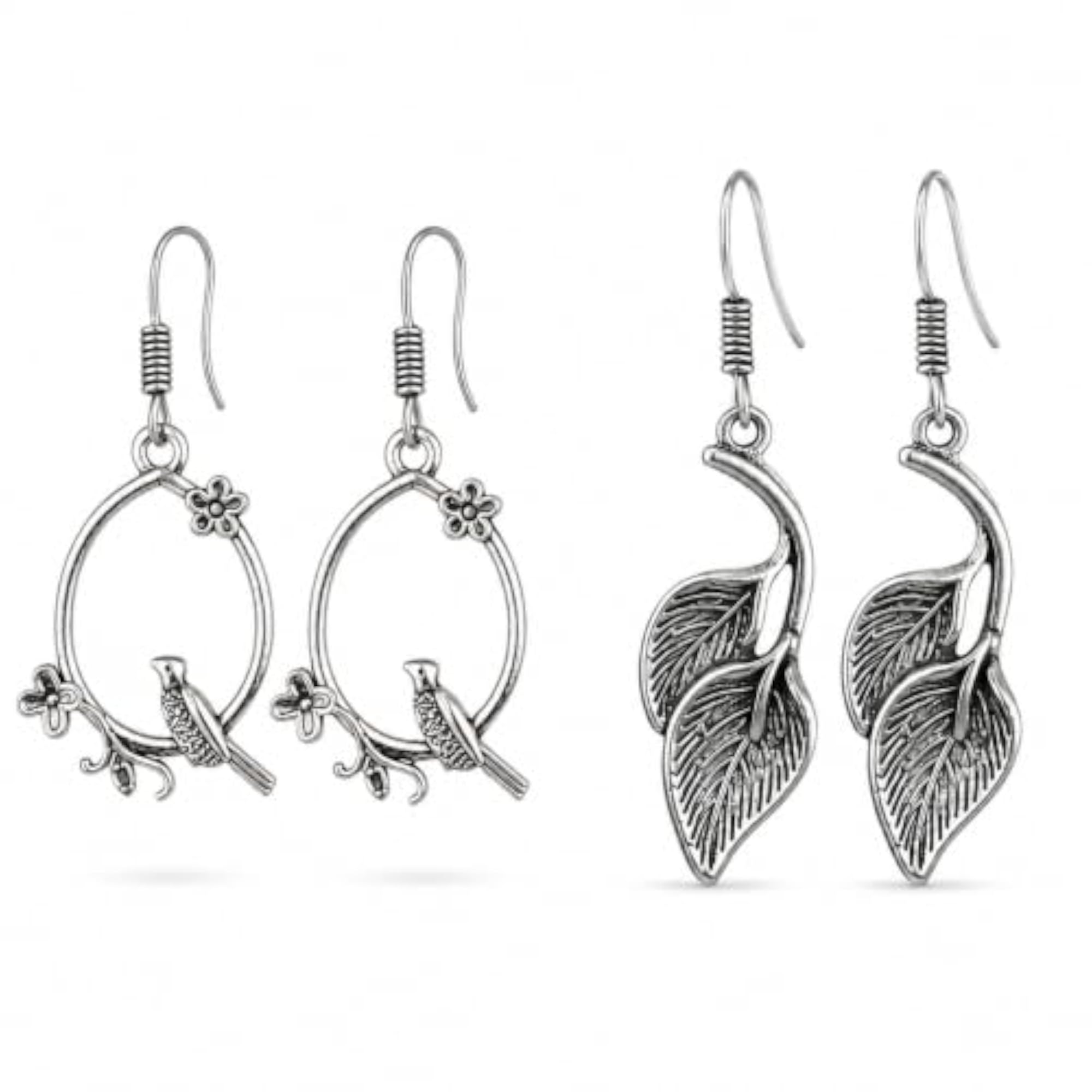 Oxidised Earrings Combo Bird & Leaf Dangle Drop